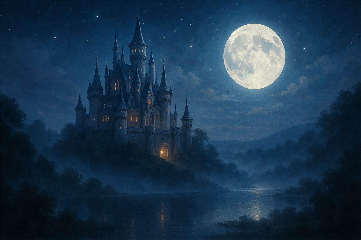 Romantisches Fantasy-Schloss Ardelune im sanften Schein des Mondlichts, umgeben von geheimnisvollem Nebel – der perfekte Ort für eine unvergessliche Liebesgeschichte.